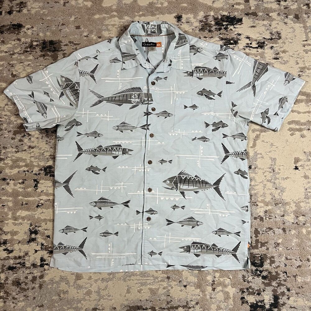 QuickSilver Waterman Shirt L Comfort Hawaiian Fish Tropical Tuna Vacation Ocean